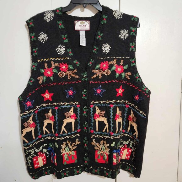 VTG Y2K 3X Tiara Int'l Black Ugly Christmas Sweater Button Down Ramie Vest - Picture 1 of 8